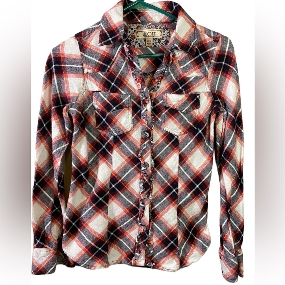Decree flannel plaid long sleeve shirt top snap button down pockets Sz M   H-21
